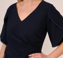 Adrianna Papell Plus Size Crepe Mermaid Gown With Pearl Trim Short Sleeves In Midnight -Adrianna Papell Shop AP1E210355 AB411 Plus Detail