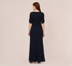 Adrianna Papell Crepe Mermaid Gown With Pearl Trim Short Sleeves In Midnight -Adrianna Papell Shop AP1E210355 AB411 Regular Back