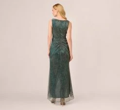 Adrianna Papell Metallic Mesh Faux Wrap Gown With Ruffle Accents In Evergreen -Adrianna Papell Shop AP1E210373 AC303 Regular Back