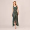 Adrianna Papell Metallic Mesh Faux Wrap Gown With Ruffle Accents In Evergreen