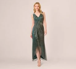 Adrianna Papell Metallic Mesh Faux Wrap Gown With Ruffle Accents In Evergreen