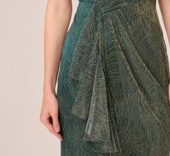 Adrianna Papell Metallic Mesh Faux Wrap Gown With Ruffle Accents In Evergreen -Adrianna Papell Shop AP1E210373 AC303 Regular Lifestyle