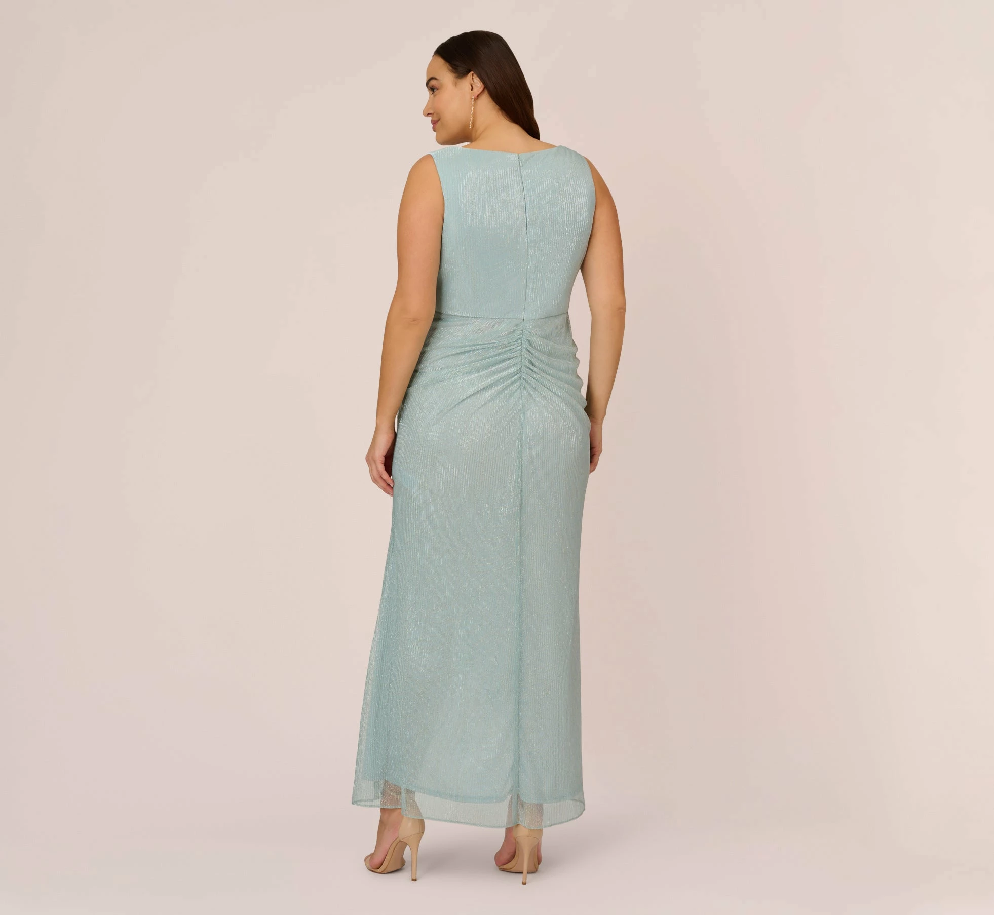 Adrianna Papell Plus Size Metallic Mesh Faux Wrap Gown With Ruffle Accents In Mint Smoke 4 Adrianna Papell Plus Size Metallic Mesh Faux Wrap Gown With Ruffle Accents In Mint Smoke - Image 4