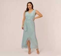 Adrianna Papell Plus Size Metallic Mesh Faux Wrap Gown With Ruffle Accents In Mint Smoke