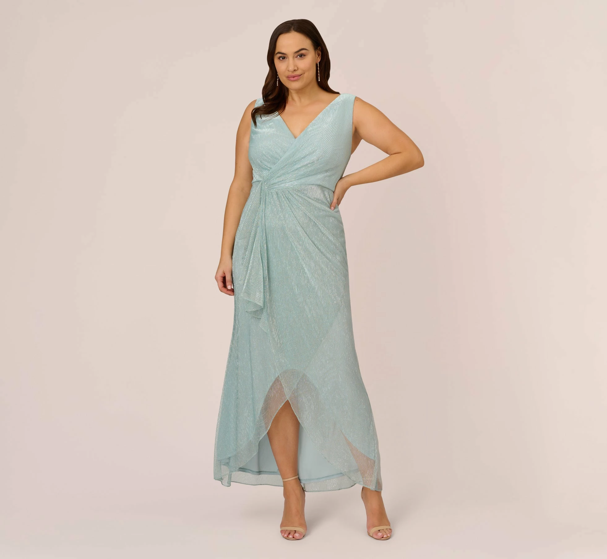 Adrianna Papell Plus Size Metallic Mesh Faux Wrap Gown With Ruffle Accents In Mint Smoke 1 Adrianna Papell Plus Size Metallic Mesh Faux Wrap Gown With Ruffle Accents In Mint Smoke