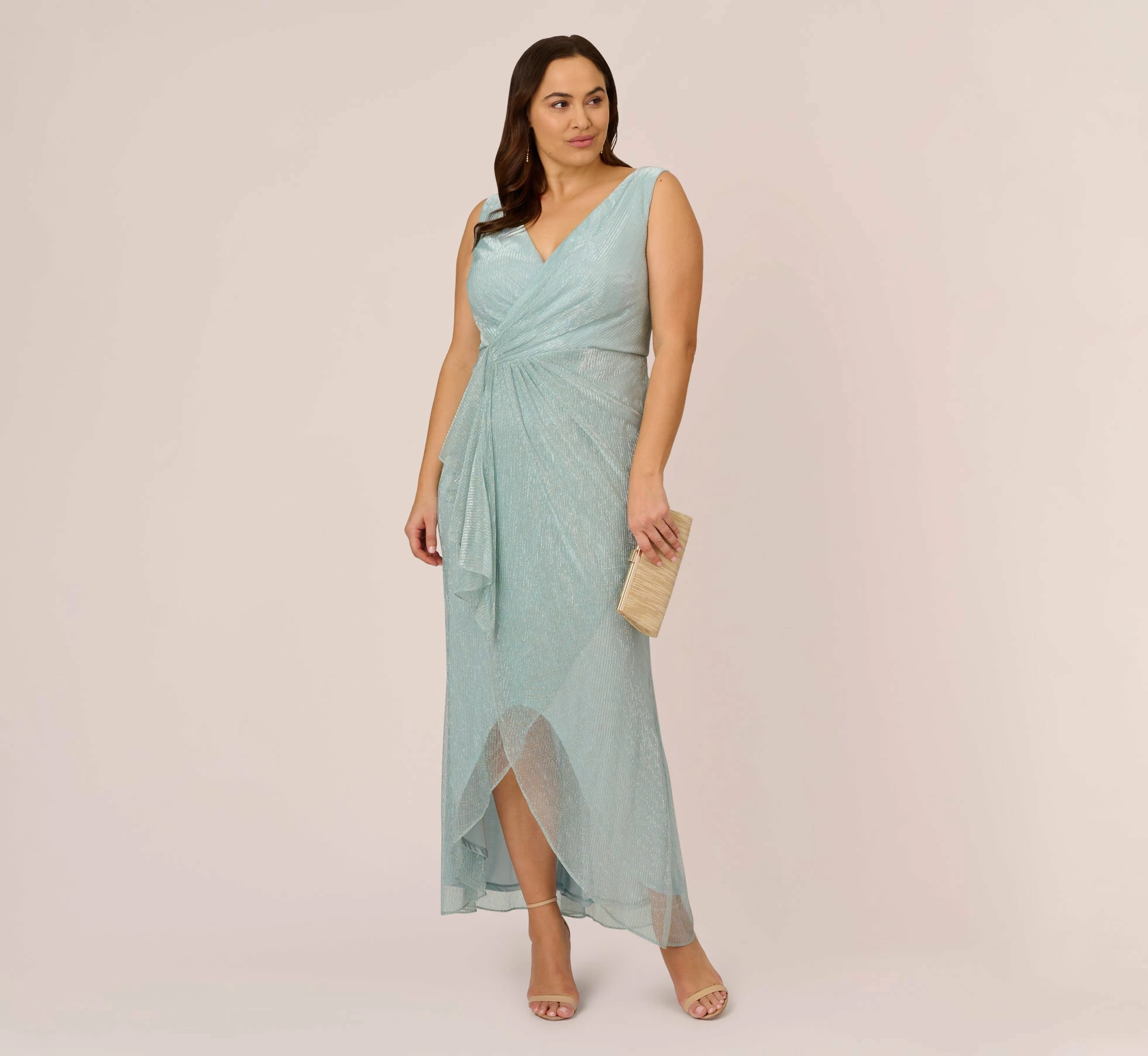 Adrianna Papell Plus Size Metallic Mesh Faux Wrap Gown With Ruffle Accents In Mint Smoke 2 Adrianna Papell Plus Size Metallic Mesh Faux Wrap Gown With Ruffle Accents In Mint Smoke - Image 2