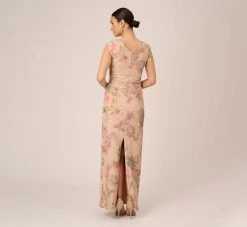 Adrianna Papell Floral Metallic Stretch Matelasse Long Column Gown In Pink Multi -Adrianna Papell Shop AP1E210383 AE970 Regular Back