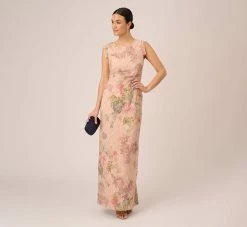 Adrianna Papell Floral Metallic Stretch Matelasse Long Column Gown In Pink Multi -Adrianna Papell Shop AP1E210383 AE970 Regular Side