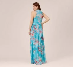 Adrianna Papell Floral-Print Chiffon Tie Neck Halter Long Fit-And-Flare Gown In Aqua Multi 10 Adrianna Papell Floral-Print Chiffon Tie Neck Halter Long Fit-And-Flare Gown In Aqua Multi -Adrianna Papell Shop AP1E210390 BZ980 Regular Back