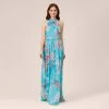 Adrianna Papell Floral-Print Chiffon Tie Neck Halter Long Fit-And-Flare Gown In Aqua Multi