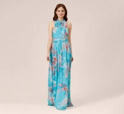 Adrianna Papell Floral-Print Chiffon Tie Neck Halter Long Fit-And-Flare Gown In Aqua Multi