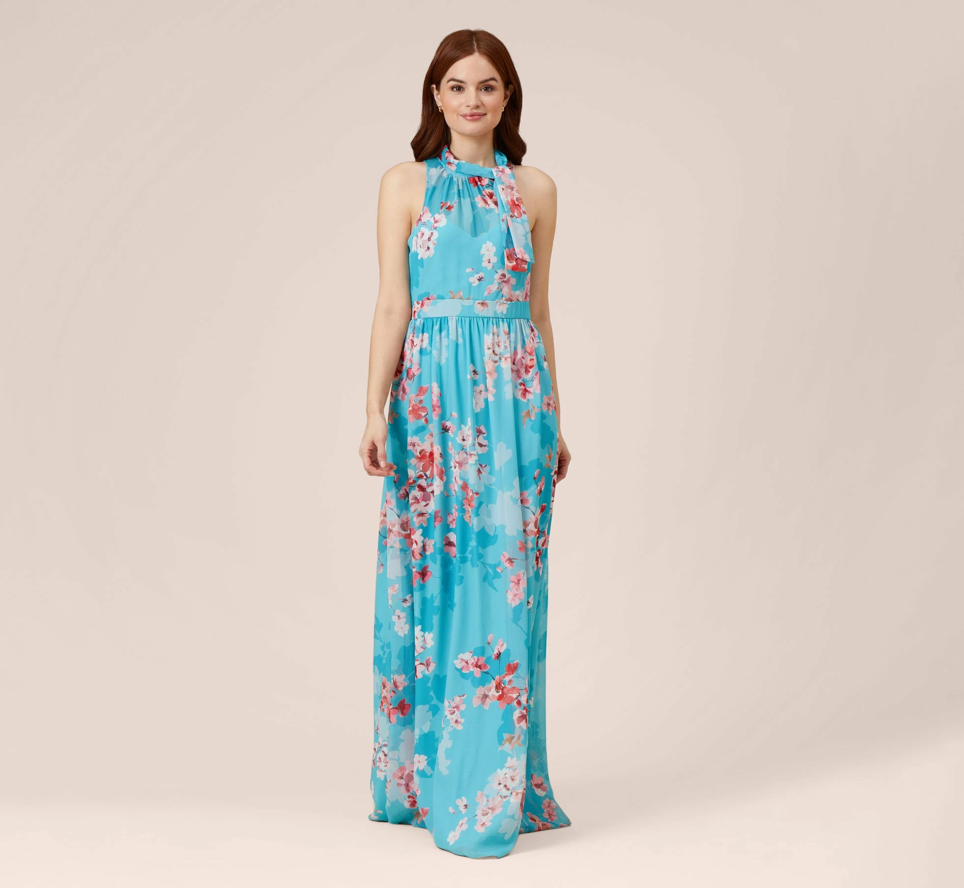 Adrianna Papell Floral-Print Chiffon Tie Neck Halter Long Fit-And-Flare Gown In Aqua Multi 1 Adrianna Papell Floral-Print Chiffon Tie Neck Halter Long Fit-And-Flare Gown In Aqua Multi