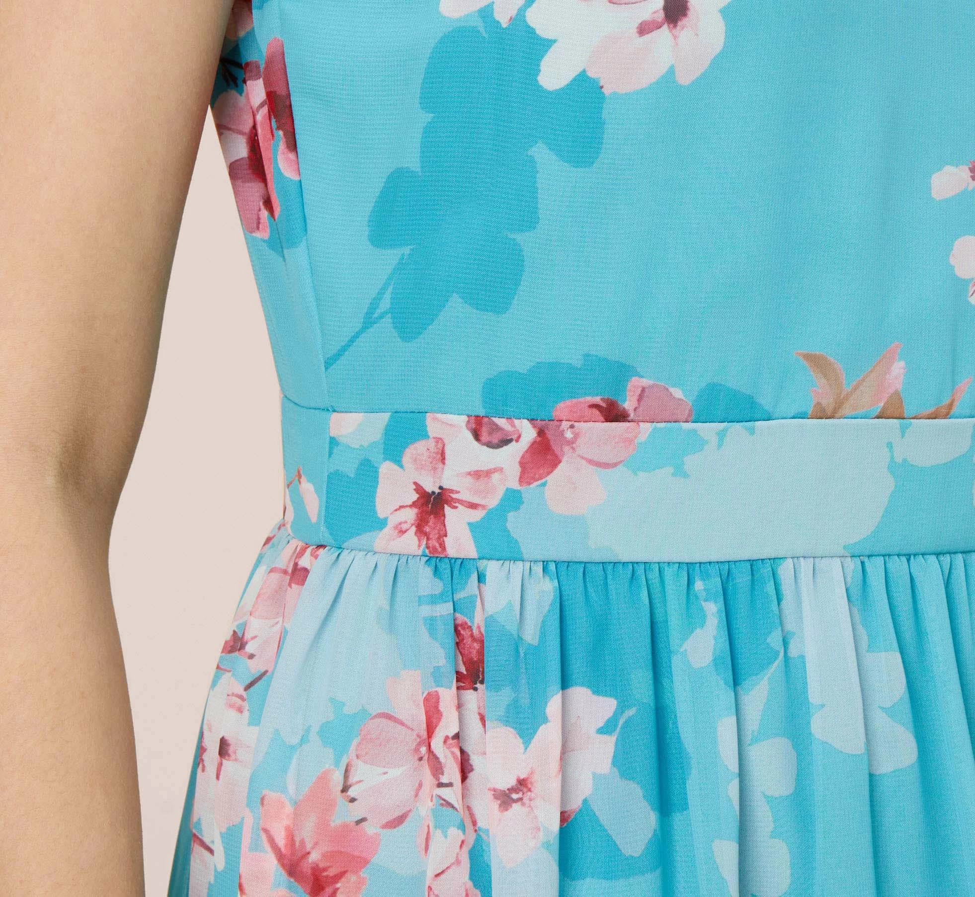 Adrianna Papell Floral-Print Chiffon Tie Neck Halter Long Fit-And-Flare Gown In Aqua Multi 5 Adrianna Papell Floral-Print Chiffon Tie Neck Halter Long Fit-And-Flare Gown In Aqua Multi - Image 5