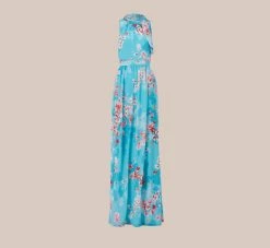 Adrianna Papell Floral-Print Chiffon Tie Neck Halter Long Fit-And-Flare Gown In Aqua Multi 13 Adrianna Papell Floral-Print Chiffon Tie Neck Halter Long Fit-And-Flare Gown In Aqua Multi -Adrianna Papell Shop AP1E210390 BZ980 Regular Flat