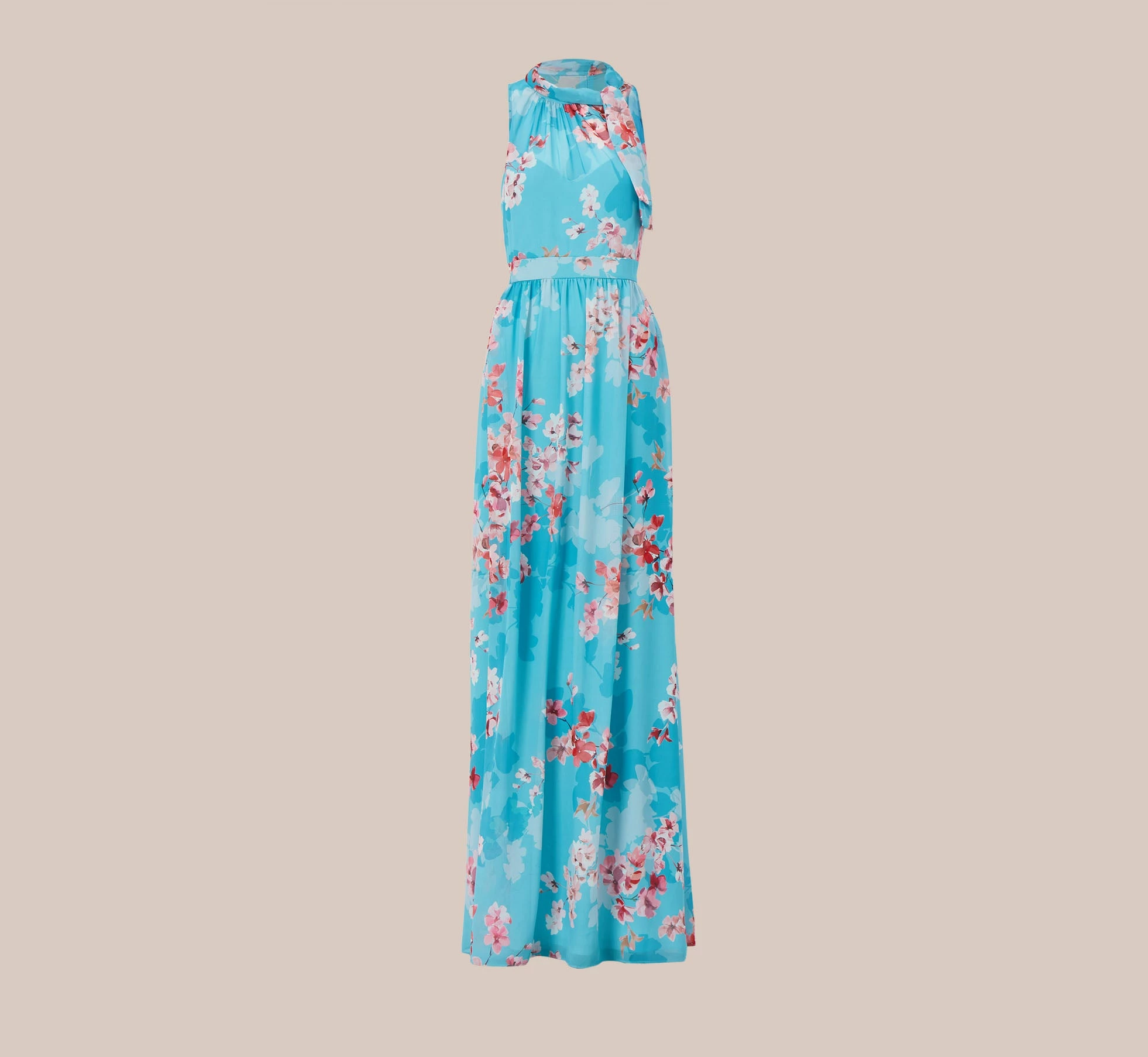 Adrianna Papell Floral-Print Chiffon Tie Neck Halter Long Fit-And-Flare Gown In Aqua Multi 7 Adrianna Papell Floral-Print Chiffon Tie Neck Halter Long Fit-And-Flare Gown In Aqua Multi - Image 7