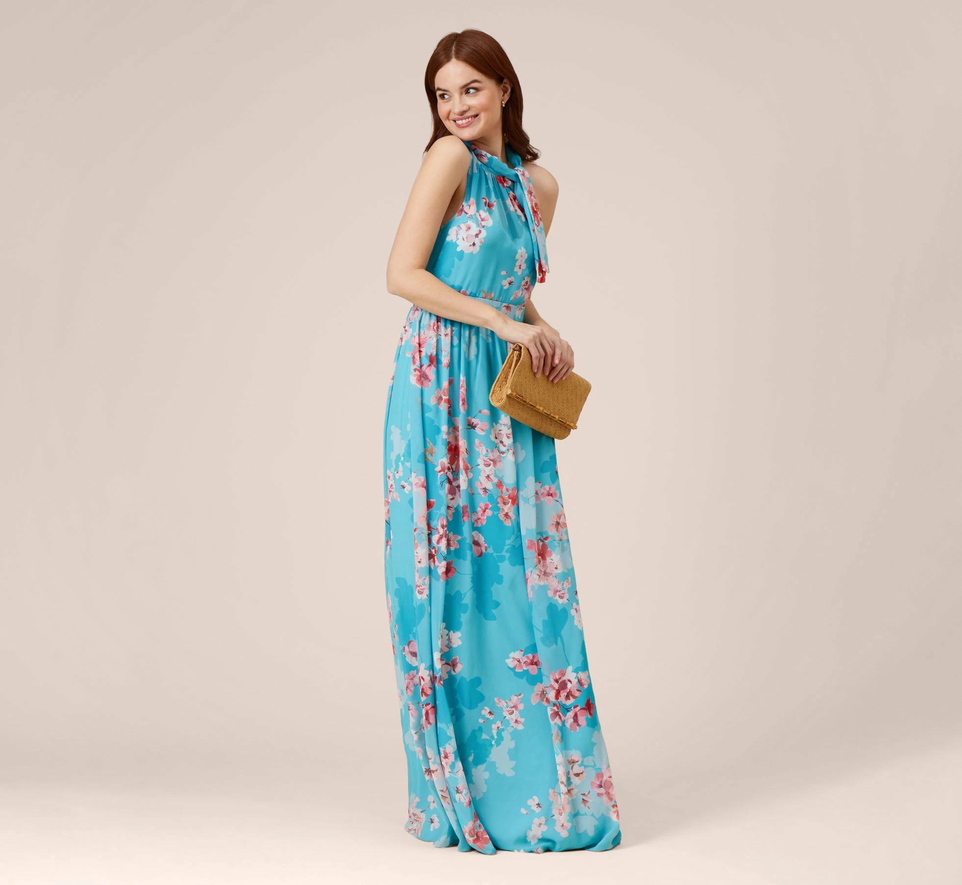 Adrianna Papell Floral-Print Chiffon Tie Neck Halter Long Fit-And-Flare Gown In Aqua Multi 2 Adrianna Papell Floral-Print Chiffon Tie Neck Halter Long Fit-And-Flare Gown In Aqua Multi - Image 2