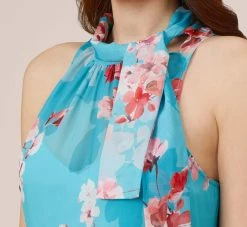Adrianna Papell Floral-Print Chiffon Tie Neck Halter Long Fit-And-Flare Gown In Aqua Multi 9 Adrianna Papell Floral-Print Chiffon Tie Neck Halter Long Fit-And-Flare Gown In Aqua Multi -Adrianna Papell Shop AP1E210390 BZ980 Regular Side