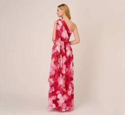 Adrianna Papell Floral Print One Shoulder Chiffon Long Gown In Pink Multi -Adrianna Papell Shop AP1E210404 AE970 Regular Back