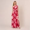 Adrianna Papell Floral Print One Shoulder Chiffon Long Gown In Pink Multi