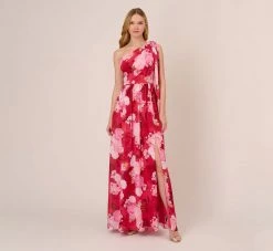 Adrianna Papell Floral Print One Shoulder Chiffon Long Gown In Pink Multi