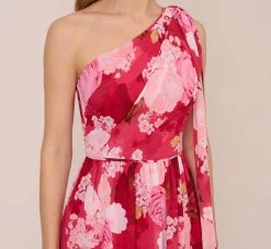Adrianna Papell Floral Print One Shoulder Chiffon Long Gown In Pink Multi -Adrianna Papell Shop AP1E210404 AE970 Regular Detail