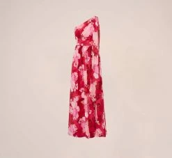 Adrianna Papell Floral Print One Shoulder Chiffon Long Gown In Pink Multi -Adrianna Papell Shop AP1E210404 AE970 Regular Flat