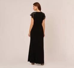 Adrianna Papell Flutter Sleeve Mermaid Gown With Beaded Details In Black -Adrianna Papell Shop AP1E210420 AA002 Regular Back