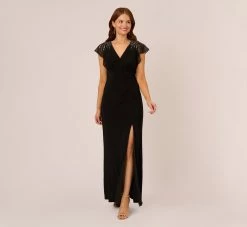 Adrianna Papell Flutter Sleeve Mermaid Gown With Beaded Details In Black