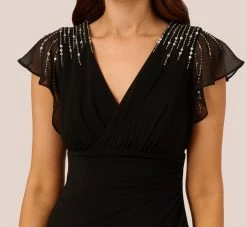 Adrianna Papell Flutter Sleeve Mermaid Gown With Beaded Details In Black -Adrianna Papell Shop AP1E210420 AA002 Regular Detail