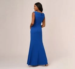 Adrianna Papell Stretch Knit Crepe Long Faux Wrap Mermaid Gown In Rich Royal -Adrianna Papell Shop AP1E210421 AI402 Regular Back