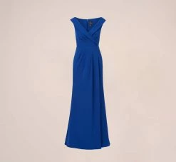 Adrianna Papell Stretch Knit Crepe Long Faux Wrap Mermaid Gown In Rich Royal -Adrianna Papell Shop AP1E210421 AI402 Regular Flat