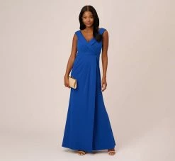 Adrianna Papell Stretch Knit Crepe Long Faux Wrap Mermaid Gown In Rich Royal