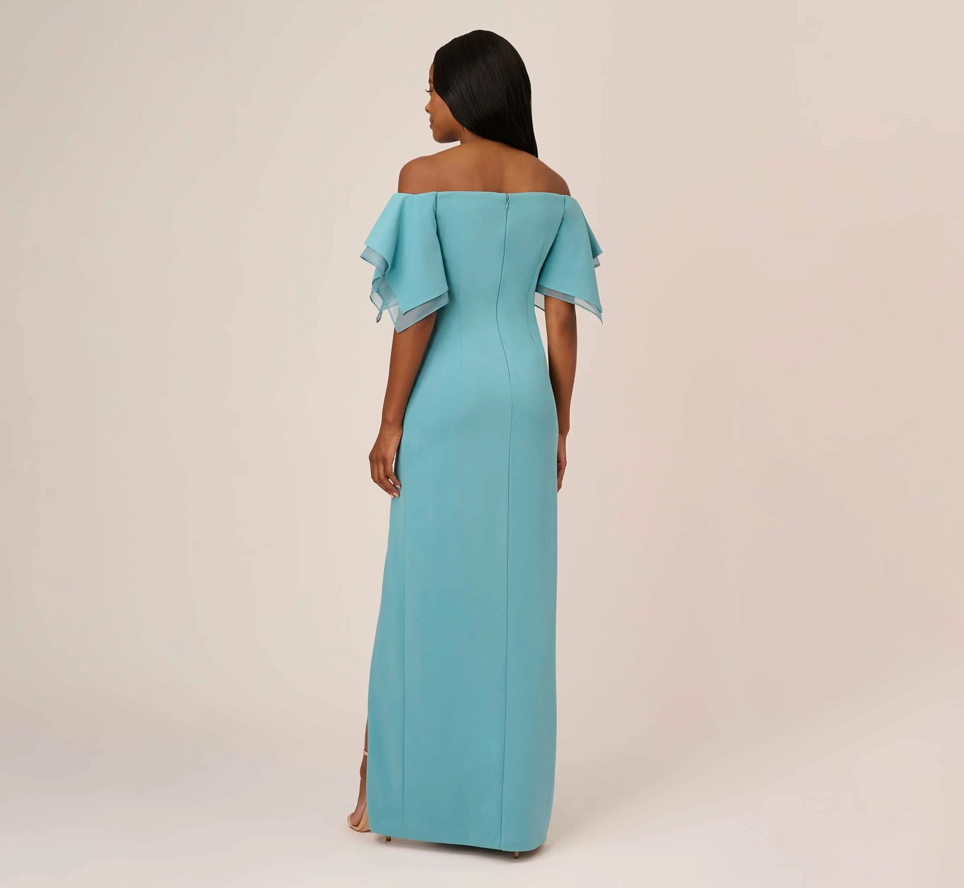 Adrianna Papell Knit Crepe And Organza Off The Shoulder Long Column Gown With Tiered Sleeves In Moody Aqua 4 Adrianna Papell Knit Crepe And Organza Off The Shoulder Long Column Gown With Tiered Sleeves In Moody Aqua - Image 4