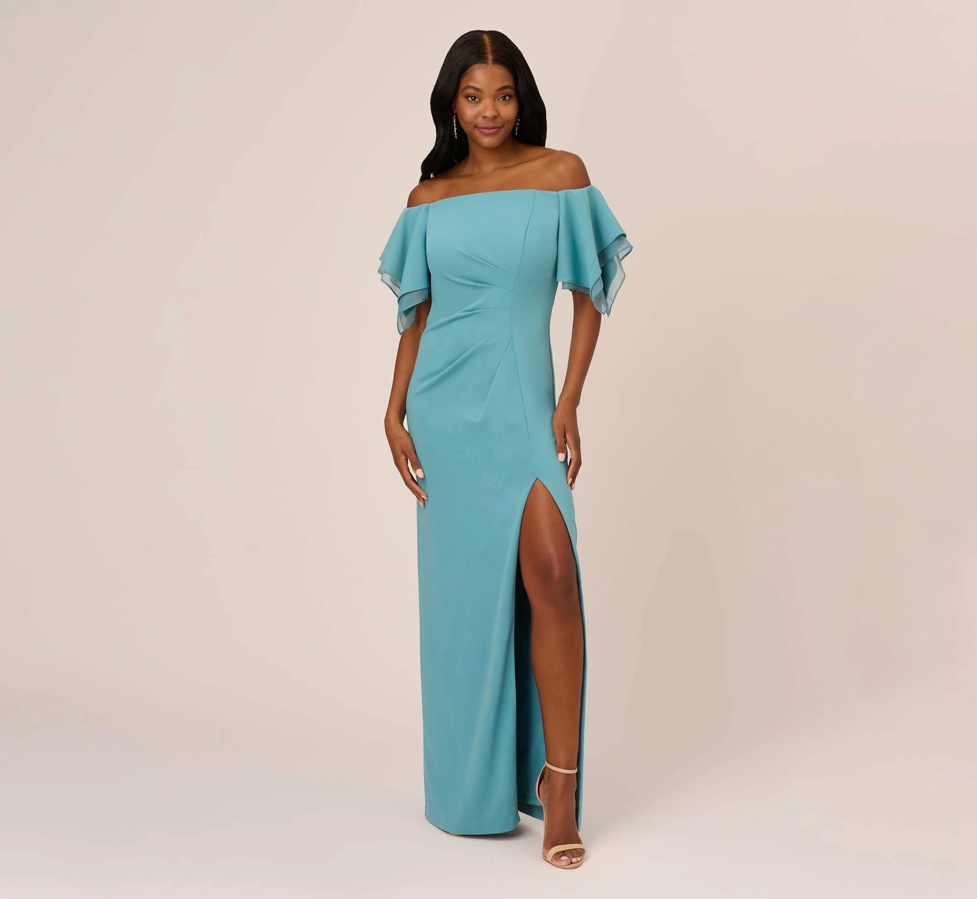 Adrianna Papell Knit Crepe And Organza Off The Shoulder Long Column Gown With Tiered Sleeves In Moody Aqua 1 Adrianna Papell Knit Crepe And Organza Off The Shoulder Long Column Gown With Tiered Sleeves In Moody Aqua