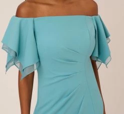 Adrianna Papell Knit Crepe And Organza Off The Shoulder Long Column Gown With Tiered Sleeves In Moody Aqua 9 Adrianna Papell Knit Crepe And Organza Off The Shoulder Long Column Gown With Tiered Sleeves In Moody Aqua -Adrianna Papell Shop AP1E210424 AD434 Regular Detail