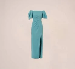 Adrianna Papell Knit Crepe And Organza Off The Shoulder Long Column Gown With Tiered Sleeves In Moody Aqua 13 Adrianna Papell Knit Crepe And Organza Off The Shoulder Long Column Gown With Tiered Sleeves In Moody Aqua -Adrianna Papell Shop AP1E210424 AD434 Regular Flat