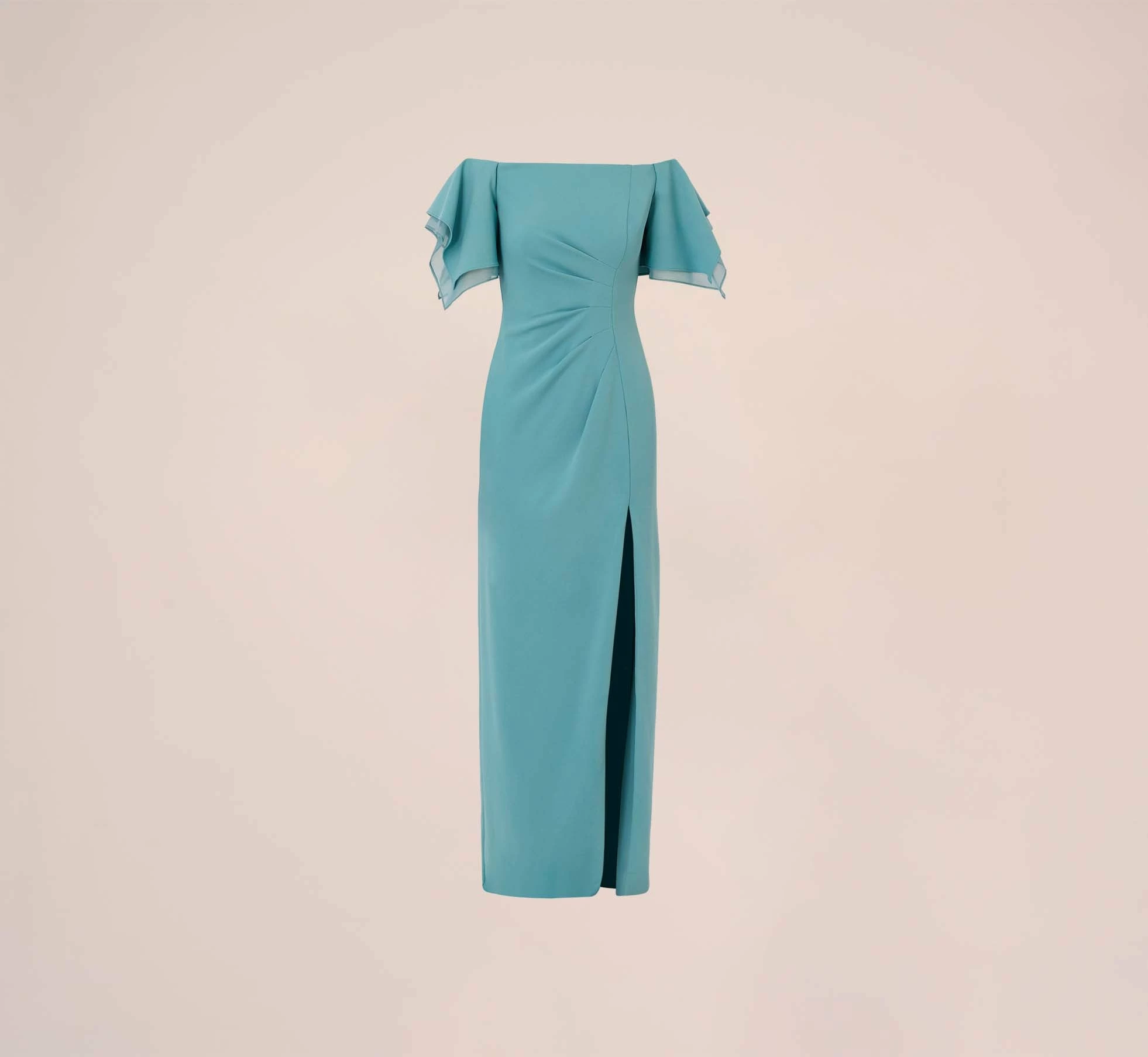 Adrianna Papell Knit Crepe And Organza Off The Shoulder Long Column Gown With Tiered Sleeves In Moody Aqua 7 Adrianna Papell Knit Crepe And Organza Off The Shoulder Long Column Gown With Tiered Sleeves In Moody Aqua - Image 7