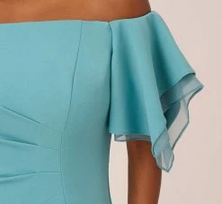 Adrianna Papell Knit Crepe And Organza Off The Shoulder Long Column Gown With Tiered Sleeves In Moody Aqua 11 Adrianna Papell Knit Crepe And Organza Off The Shoulder Long Column Gown With Tiered Sleeves In Moody Aqua -Adrianna Papell Shop AP1E210424 AD434 Regular Lifestyle