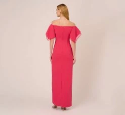 Adrianna Papell Knit Crepe And Organza Off The Shoulder Long Column Gown With Tiered Sleeves In Pink Lotus -Adrianna Papell Shop AP1E210424 AG661 Regular Back