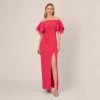 Adrianna Papell Knit Crepe And Organza Off The Shoulder Long Column Gown With Tiered Sleeves In Pink Lotus