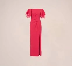 Adrianna Papell Knit Crepe And Organza Off The Shoulder Long Column Gown With Tiered Sleeves In Pink Lotus -Adrianna Papell Shop AP1E210424 AG661 Regular Flat