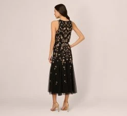 Adrianna Papell Floral Beaded Blouson Tea Length Dress In Black Gold 9 Adrianna Papell Floral Beaded Blouson Tea Length Dress In Black Gold -Adrianna Papell Shop AP1E210437 AA967 Regular Back