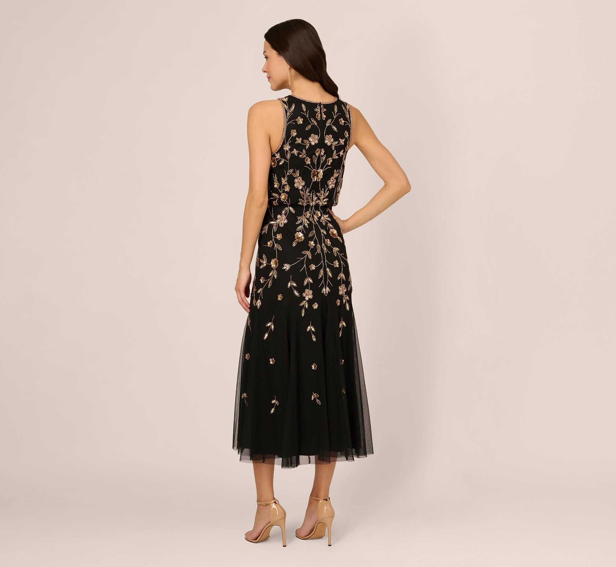 Adrianna Papell Floral Beaded Blouson Tea Length Dress In Black Gold 4 Adrianna Papell Floral Beaded Blouson Tea Length Dress In Black Gold - Image 4