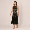 Adrianna Papell Floral Beaded Blouson Tea Length Dress In Black Gold