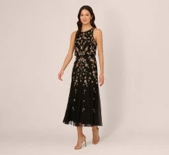 Adrianna Papell Floral Beaded Blouson Tea Length Dress In Black Gold