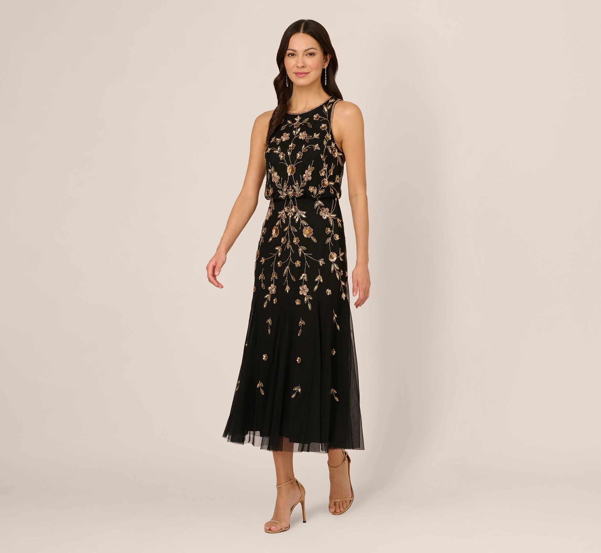 Adrianna Papell Floral Beaded Blouson Tea Length Dress In Black Gold 1 Adrianna Papell Floral Beaded Blouson Tea Length Dress In Black Gold
