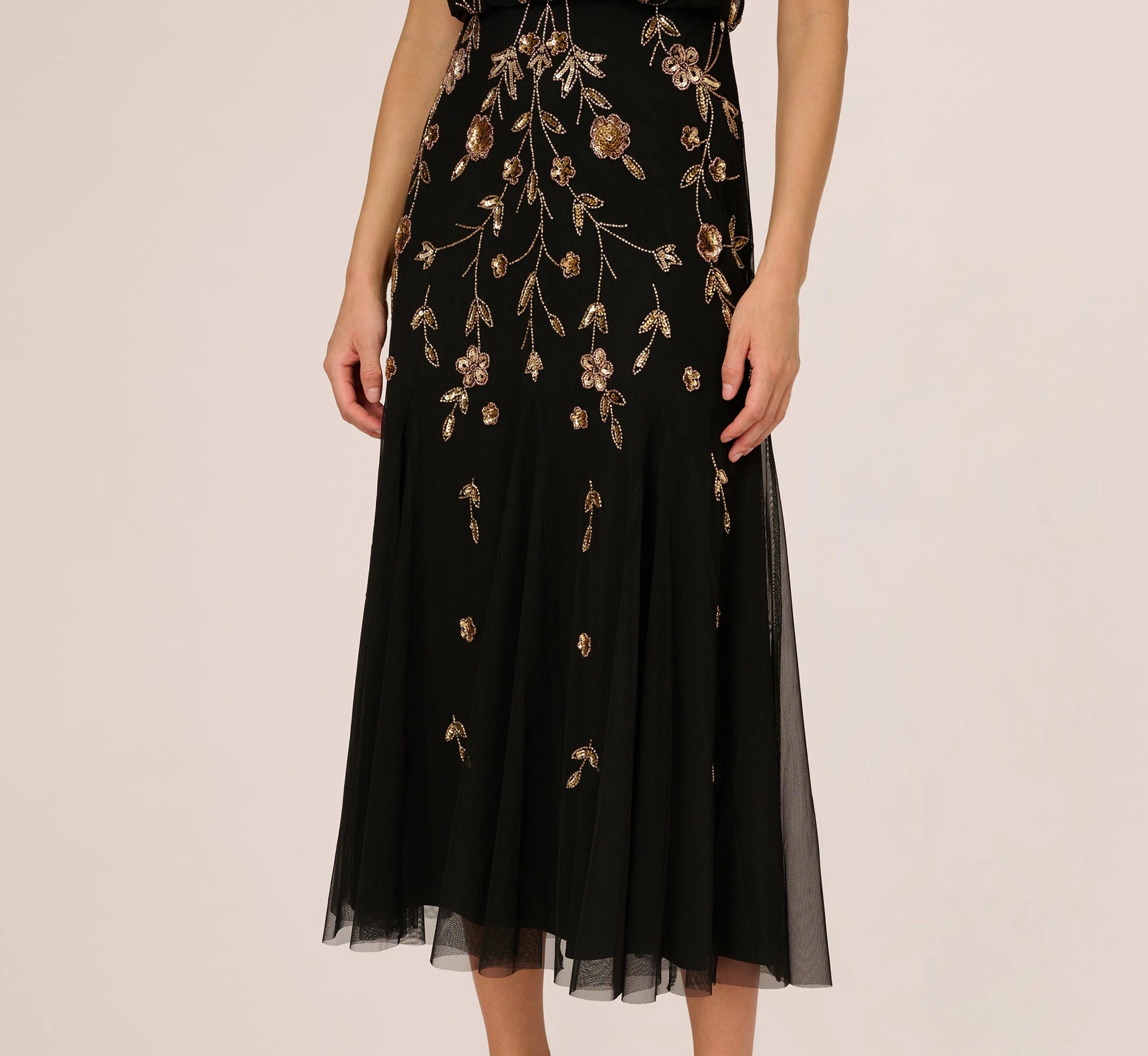 Adrianna Papell Floral Beaded Blouson Tea Length Dress In Black Gold 5 Adrianna Papell Floral Beaded Blouson Tea Length Dress In Black Gold - Image 5