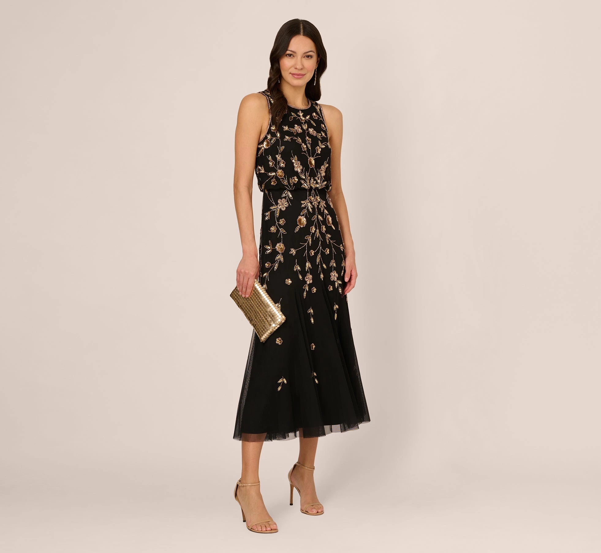 Adrianna Papell Floral Beaded Blouson Tea Length Dress In Black Gold 2 Adrianna Papell Floral Beaded Blouson Tea Length Dress In Black Gold - Image 2