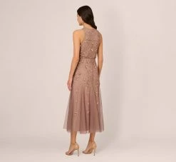 Adrianna Papell Floral Beaded Blouson Tea Length Dress In Stone -Adrianna Papell Shop AP1E210437 AE549 Regular Back