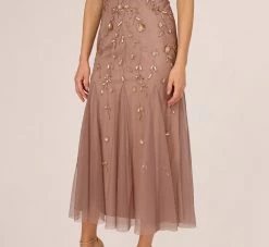 Adrianna Papell Floral Beaded Blouson Tea Length Dress In Stone -Adrianna Papell Shop AP1E210437 AE549 Regular Lifestyle